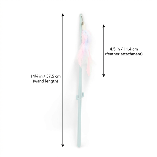 A wand with a pale blue handle and fluffy pastel feather tip, shown on a white background with measurement arrows and text indicating a total wand length of 14 3/4 in (37.5 cm) and a feather attachment length of 4.
