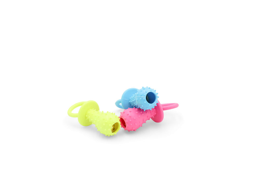 Close-up view showing the textured rubber bulb and bell center on the BudgetPaws Pacifier in Sky Breeze.