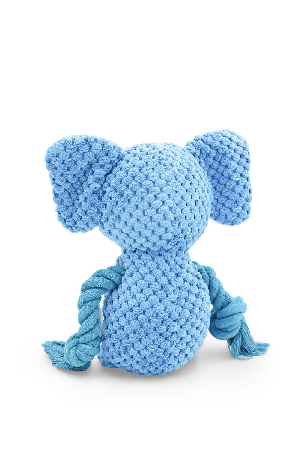 Close-up view of the plush elephant texture and woven rope arms on the BudgetPaws Echo dog toy.