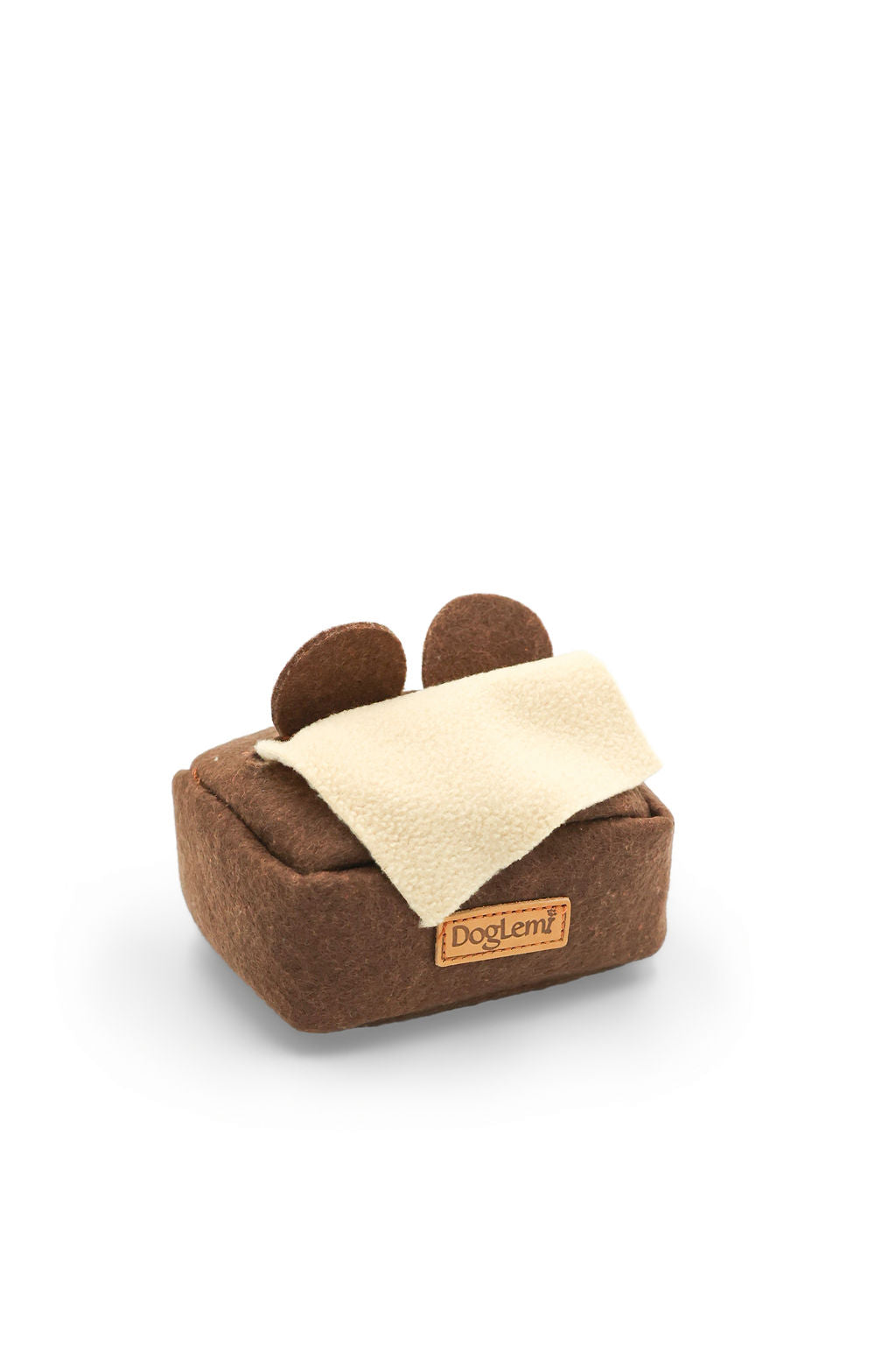 Side angle of the BudgetPaws Oak Bark brown snuffle box enrichment puzzle toy for dogs.