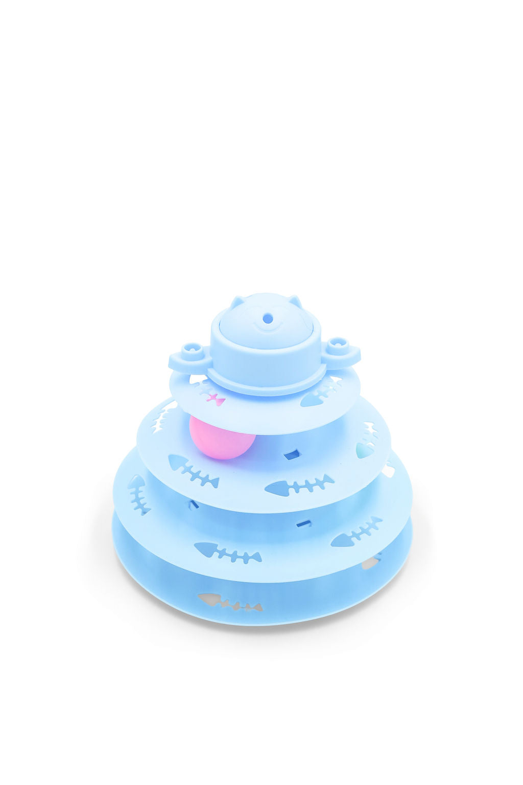 Side view of the BudgetPaws Sky Breeze blue cat track toy showing rolling balls on multi-level tiers.