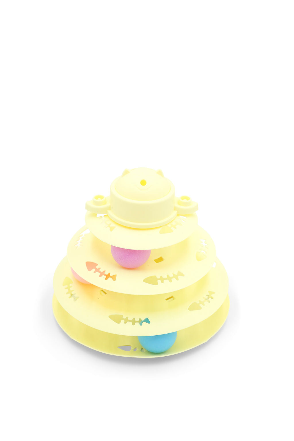 Side view of the BudgetPaws Sunflower Yellow cat track toy showing rolling balls on multi-level tiers.