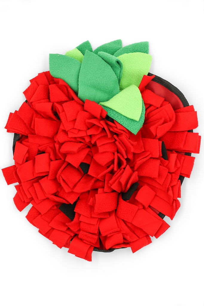 Top view of red Wild Rose strawberry snuffle mat for dogs.