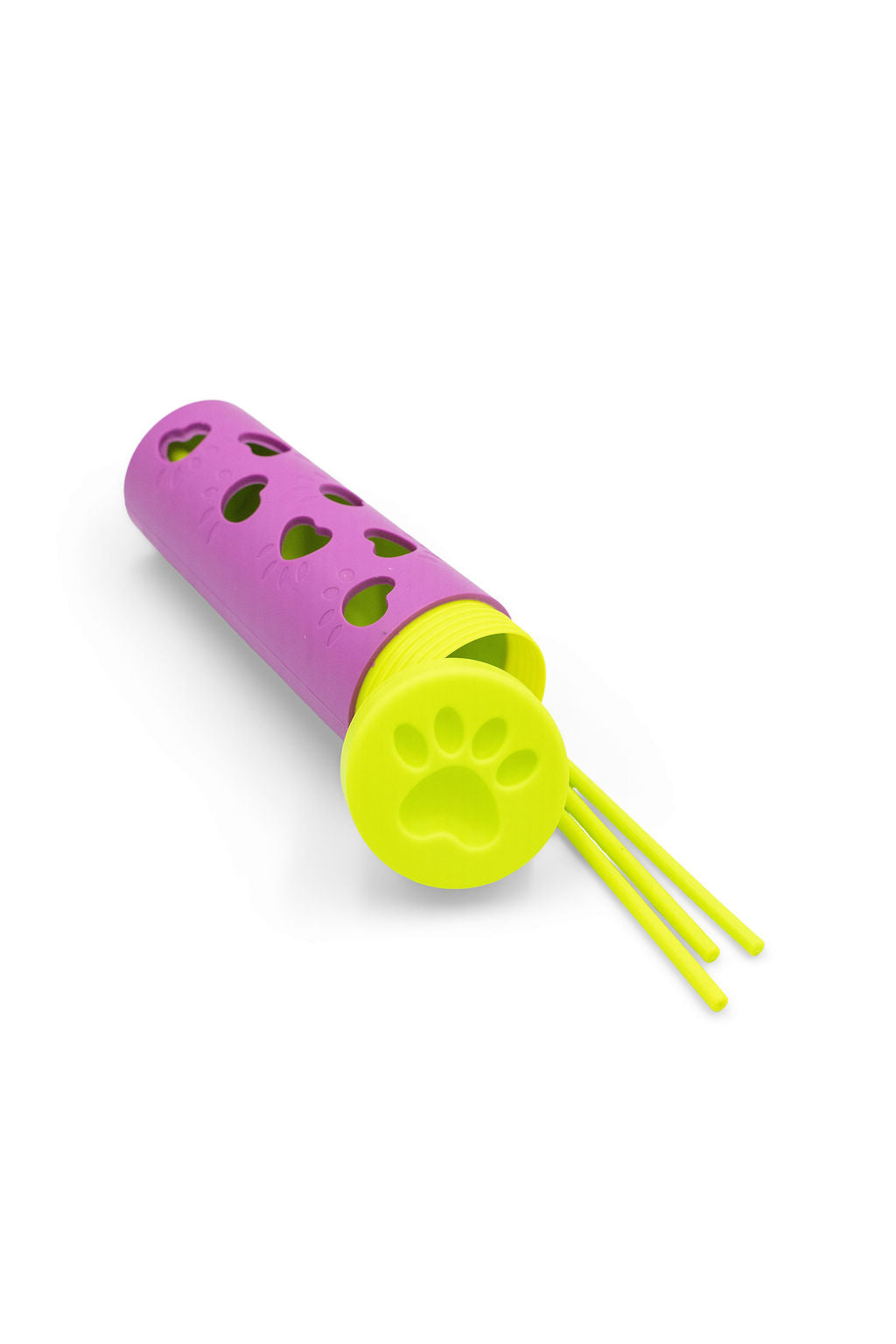 Close-up view of the treat compartment and durable rolling mechanism on the BudgetPaws Lavender Field Treat Dispensing Roller Dog Toy.