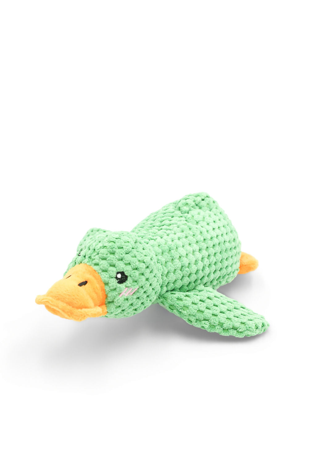 Close-up view showing the soft texture and details of the BudgetPaws Mint Dew plush duck dog toy.