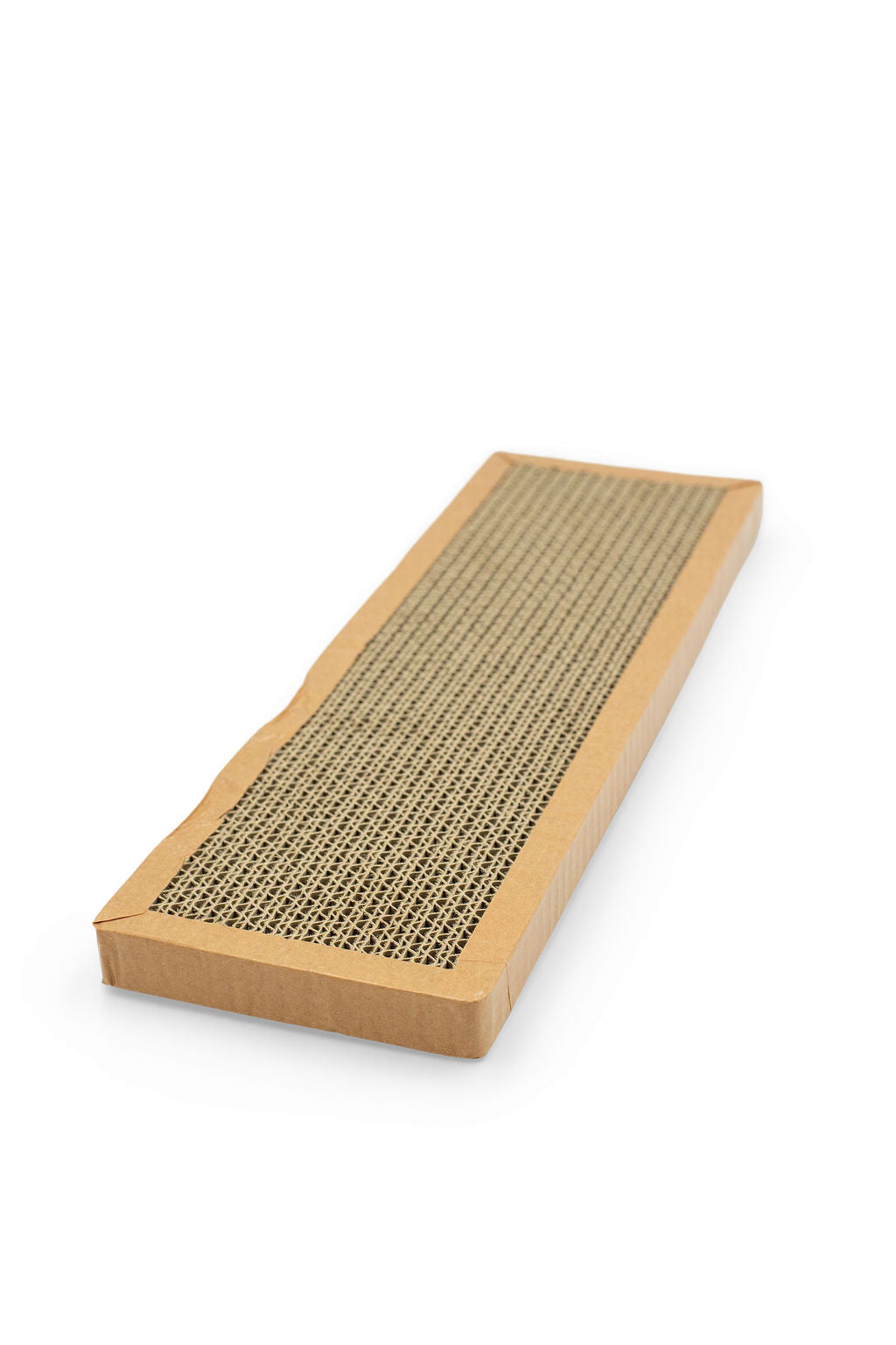 Side angle view showing the sturdy backing and border of the BudgetPaws River Clay Sisal Cat Scratch Board.