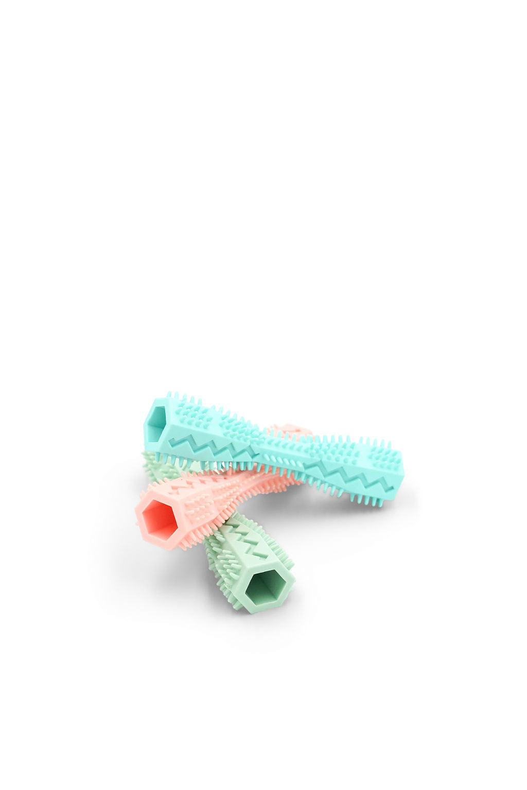 Close-up view showing the dental nubs and textured rubber bristles on the BudgetPaws Dog Toothbrush toy in Sky Breeze.