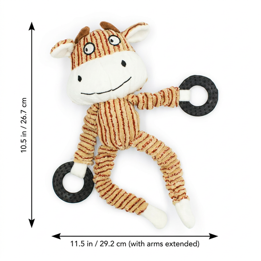 Front view of Buttercup the Calf plush dog toy with measurement overlay arrows indicating height at 10.5 in (26.7 cm) and width with arms extended at 11.5 in (29.2 cm).