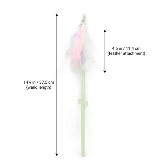 Budget Green feather cat teaser wand with measurement overlay arrows showing a wand length of 14ยพ in (37.5 cm) and a feather attachment length of 4.5 in (11.4 cm).