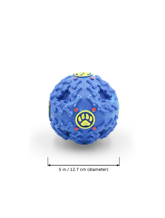 A blue textured rubber dog toy ball with yellow paw print and smiley face details, shown on a white background with a dimension label indicating a 5-inch diameter.