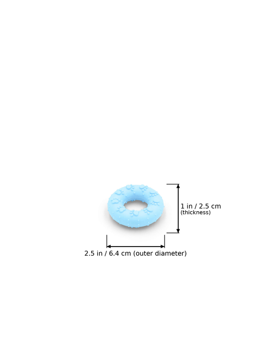 A small light blue ring-shaped item centered on a white background, with measurement arrows and text indicating thickness of 1 in / 2.5 cm and outer diameter of 2.