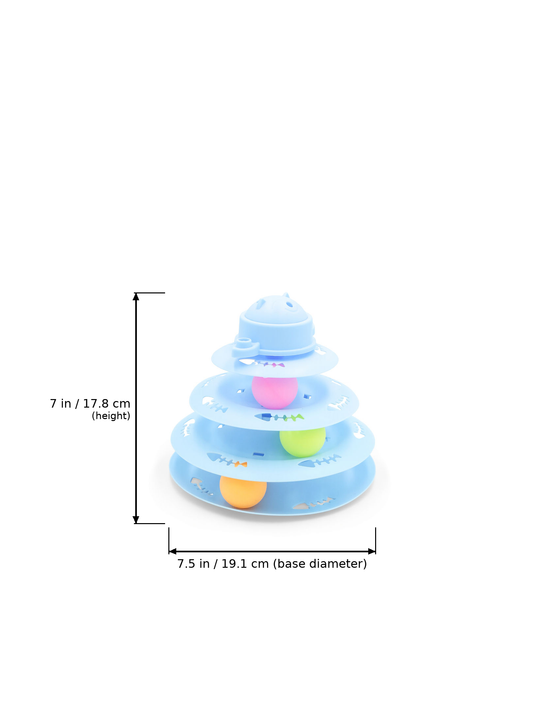 A light blue tiered baby toy with colorful balls and printed fish designs, shown with dimension lines indicating a height of 7 in (17.8 cm) and a base diameter of 7.