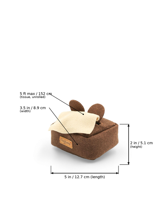 A brown plush cushion or small pillow with a cream fabric top, shown on a white background with measurement callouts indicating 5 x 3.5 x 2 inches.
