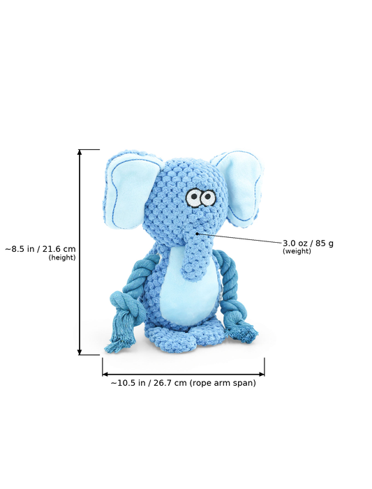 Front view of Echo the Elephant plush dog toy with measurement overlay arrows indicating height at ~8.5 in (21.6 cm), rope arm span width at ~10.5 in (26.7 cm), and weight at 3.0 oz (85 g).