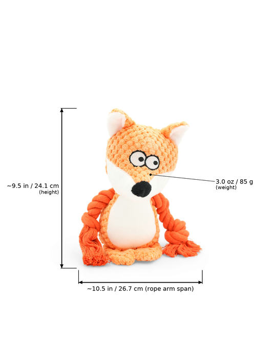 Front view of Copper the Fox plush dog toy with measurement overlay arrows indicating height at ~9.5 in (24.1 cm), rope arm span width at ~10.5 in (26.7 cm), and weight at 3.0 oz (85 g).