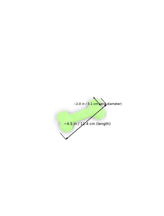 Budget Green treat dispensing bone dog toy with measurement overlay arrows indicating a total length of ~4.5 in (11.4 cm) and an end diameter width of ~2.0 in (5.1 cm).