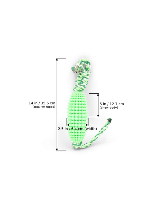 Budget Green corn chew stick tug toy with measurement overlay arrows showing a total length with ropes of 14 in (35.6 cm), a corn chew body length of 5 in (12.7 cm), and a width of 2.5 in (6.4 cm).