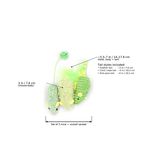 BudgetPaws Feather Mouse Cat Toy Set (3-Pack) in Budget Green featuring measurement overlay text indicating a mouse body length of 3 in (7.6 cm), total lengths ranging from ~5.5 to 7 in (14โ17.8 cm), and tail options including a ~3 in (7.6 cm) feather tail, ~4 in (10.2 cm) cord tail, and ~4 in (10.2 cm) pom-pom tail.