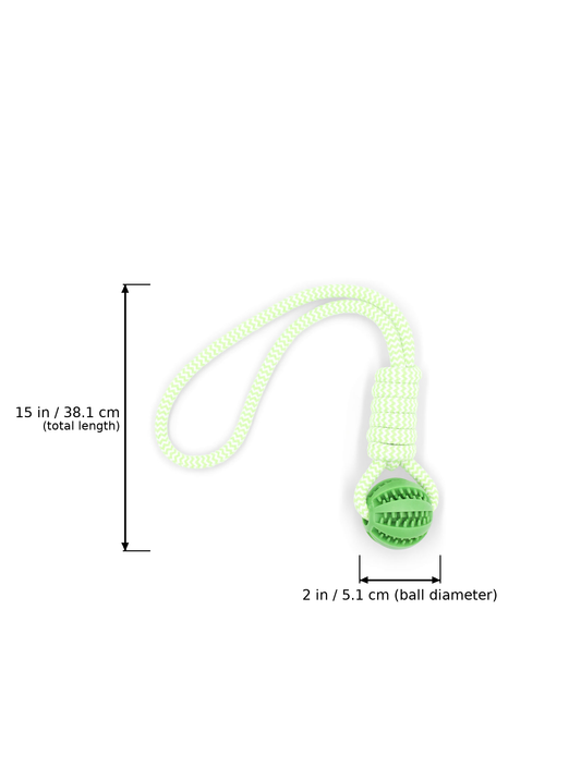 BudgetPaws Rubber Dog Toy in Budget Green with measurement overlay text indicating a total length of 15 in (38.1 cm) and a ball diameter of 2 in (5.1 cm).