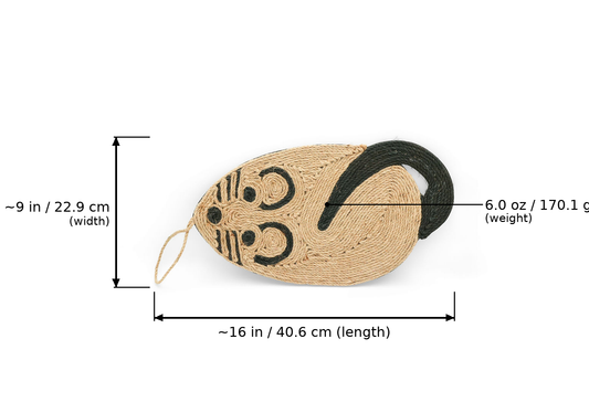 Mouse-shaped BudgetPaws Sisal Hanging Cat Scratching Pad in River Clay with measurement overlay text indicating a length of ~16 in (40.6 cm), width of ~9 in (22.9 cm), and weight of 6.0 oz (170.1 g).