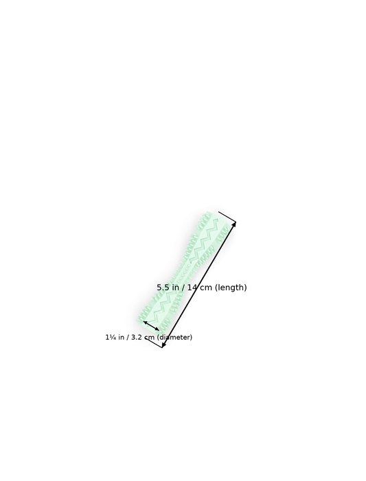 BudgetPaws Dog Toothbrush Toy in Mint Dew featuring measurement overlay text indicating a length of 5.5 in (14 cm) and a diameter at the thickest point of 1ยผ in (3.2 cm).