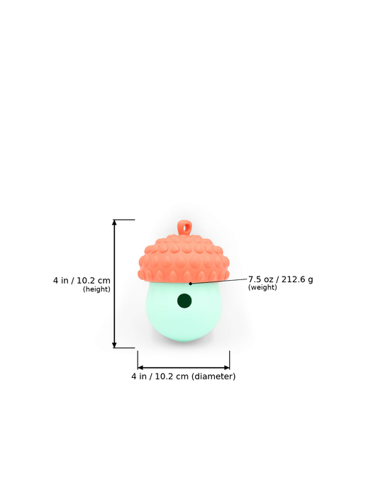 BudgetPaws Acorn Treat Dispensing Cat Toy in Sky Breeze with measurement overlay text indicating a height of 4 in (10.2 cm), a width/diameter of 4 in (10.2 cm), and a weight of 7.5 oz (212.6 g).