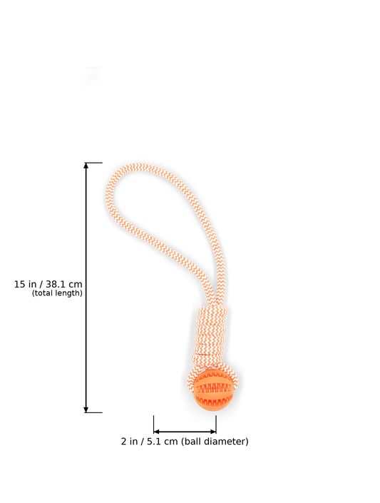 BudgetPaws Rubber Rope Tug Dog Toy | Sunset Orange in Sunset Orange with measurement overlay text indicating a total length of 15 in (38.1 cm) and a ball diameter of 2 in (5.1 cm).