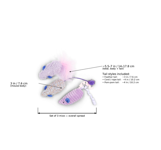 BudgetPaws Feather Mouse Cat Toy Set (3-Pack) | Lavender Field in Lavender Field with measurement overlay text indicating a mouse body length of 3 in / 7.6 cm, total length (body + tail) of ~5.5โ7 in / 14โ17.8 cm, and tail style measurements (feather tail ~3 in / 7.6 cm, cord/rope tail ~4 in / 10.2 cm, pom-pom tail ~4 in / 10.2 cm).