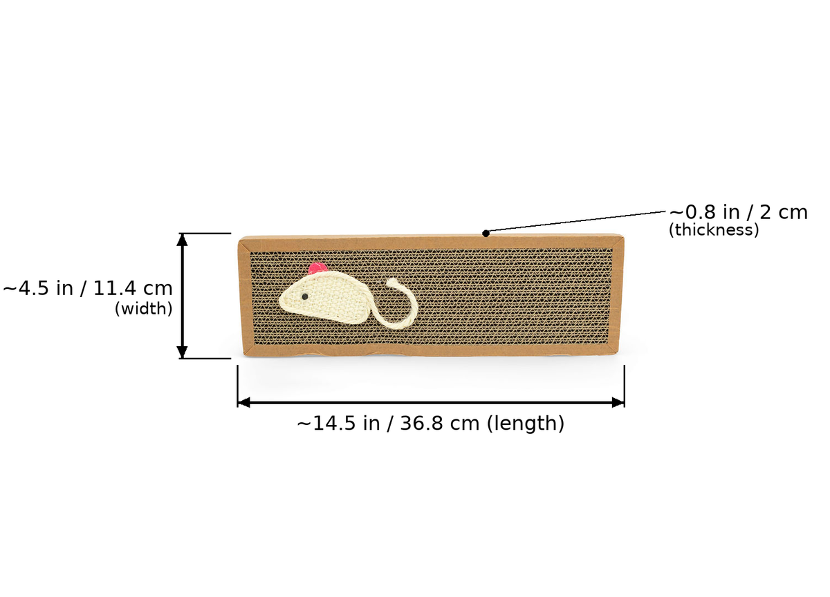 BudgetPaws Sisal Cat Scratch Board | River Clay with a decorative toy mouse feature and measurement overlay arrows indicating a length of ~14.5 in / 36.8 cm, a width of ~4.5 in / 11.4 cm, and a thickness of ~0.8 in / 2 cm.