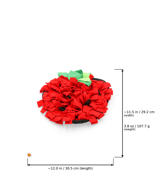 Red strawberry-shaped snuffle mat for dogs with dimensions overlaid: 12.0 inches (30.5 cm) length, 11.5 inches (29.2 cm) width, and 3.8 oz (107.7 g) weight.
