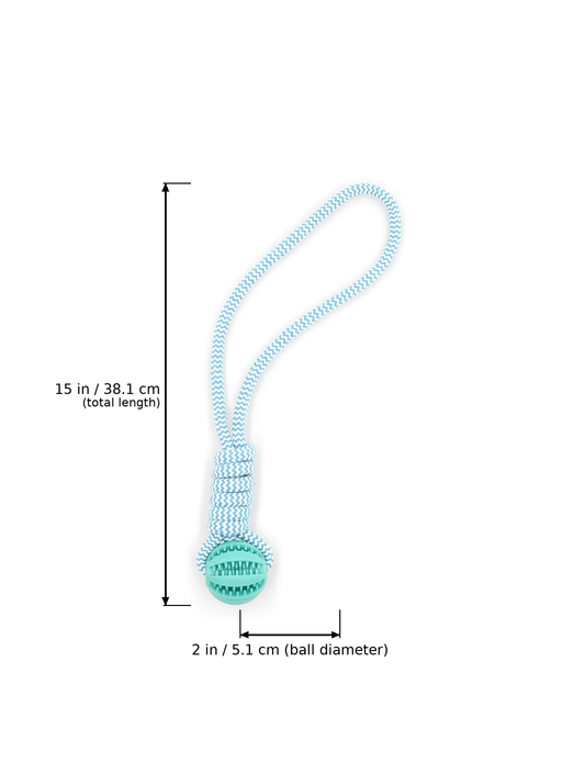 Sky breeze blue rubber rope tug dog toy with dimensions overlaid: 15 in / 38.1 cm total length and 2 in / 5.1 cm ball diameter.