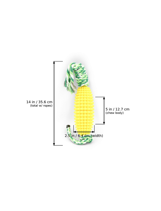 Sunflower yellow corn-shaped chew stick dog toy with green rope handles and dimensions overlaid: 14 in / 35.6 cm total length (with ropes), 5 in / 12.7 cm chew body length, and 2.5 in / 6.4 cm body width.