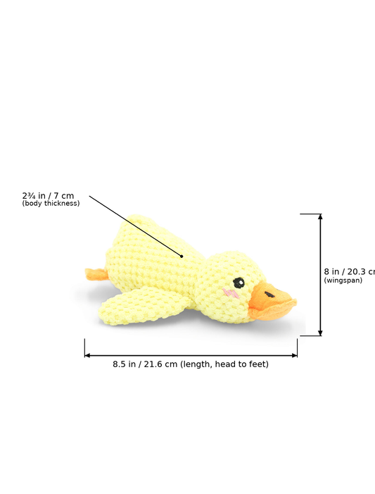 Sunflower yellow plush duck dog toy with dimensions overlaid: 8.5 in / 21.6 cm (length, head to feet), 8 in / 20.3 cm (wingspan), and 2ยพ in / 7 cm (body thickness).