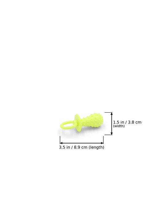Yellow pacifier-shaped rubber dog chew toy with dimensions overlaid: 3.5 in / 8.9 cm (length) and 1.5 in / 3.8 cm (width).