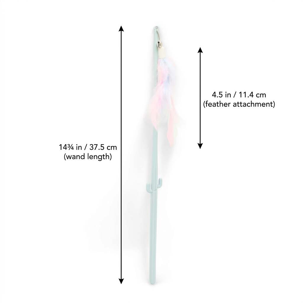 A wand with a pale blue handle and fluffy pastel feather tip, shown on a white background with measurement arrows and text indicating a total wand length of 14 3/4 in (37.5 cm) and a feather attachment length of 4.