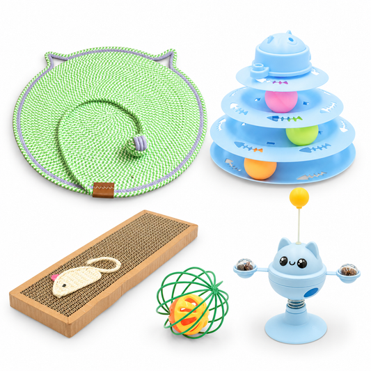 Budget Paws Boys’ Cat Toy Bundle | 5-Pack with Ball Tower, Scratch Pads & Interactive Toys