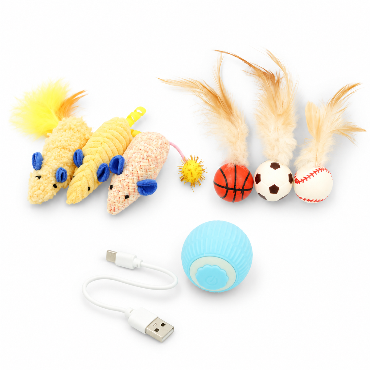 Budget Paws Boys’ Cat Toy Bundle | 3 Sets, 7 Toys with Mice, Feather Balls & Rechargeable Ball