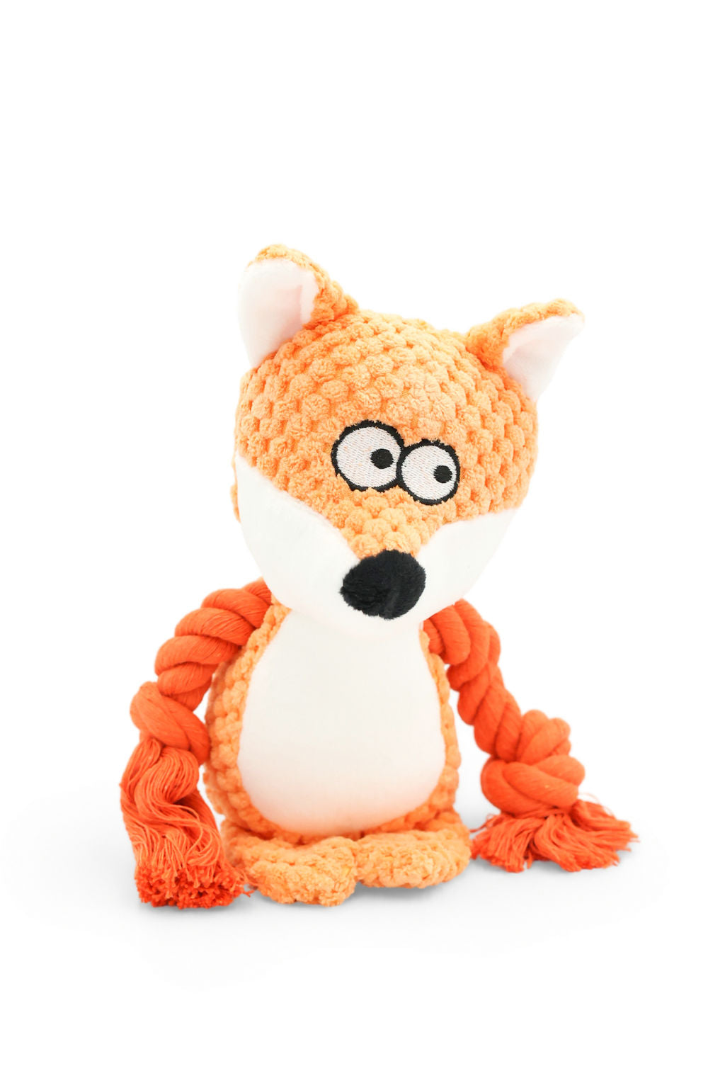 BudgetPaws Copper squeaky plush rope dog toy in soft orange fox plush with durable rope arms, photographed on a white background.