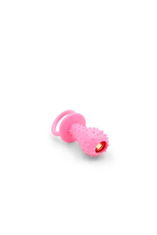 BudgetPaws Rubber Pacifier dog toy with bell in Wild Hibiscus, photographed on a white background.