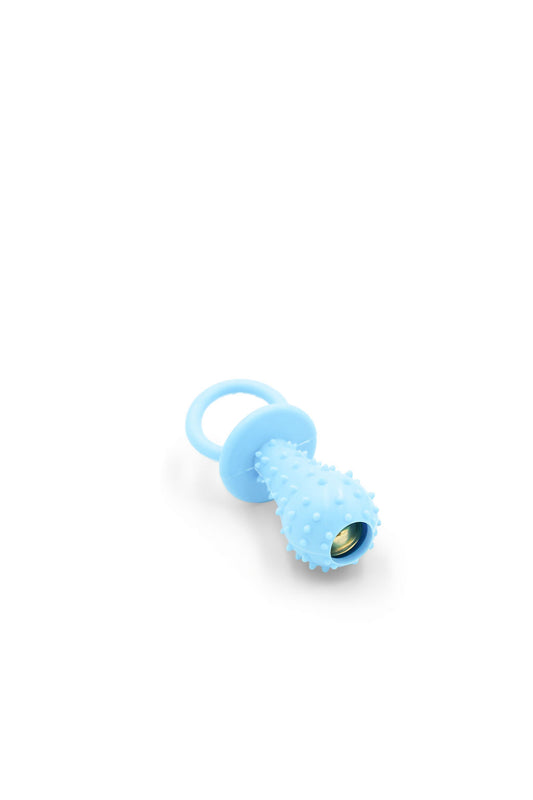 BudgetPaws Rubber Pacifier dog toy with bell in Sky Breeze, photographed on a white background.