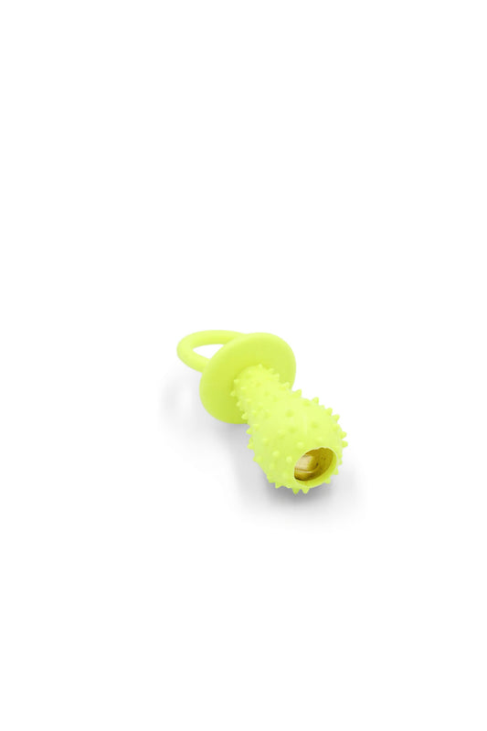 BudgetPaws Rubber Pacifier dog toy with bell in Budget Green, photographed on a white background.