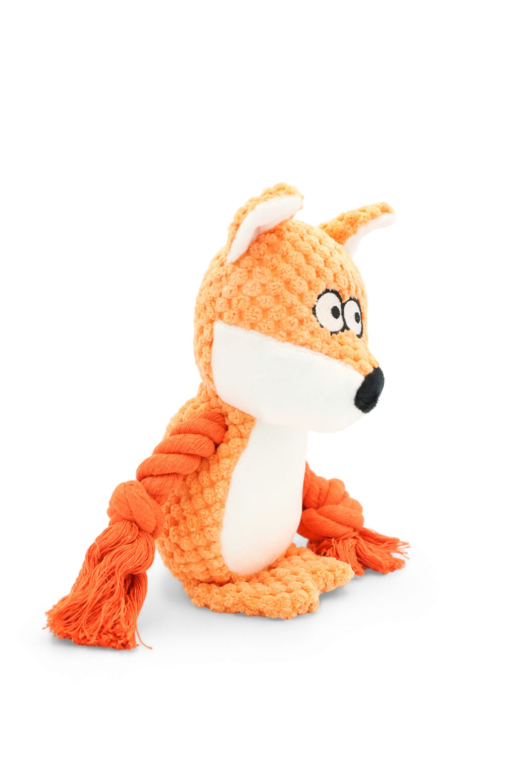 Side angle view of the BudgetPaws Copper squeaky plush fox rope dog toy.