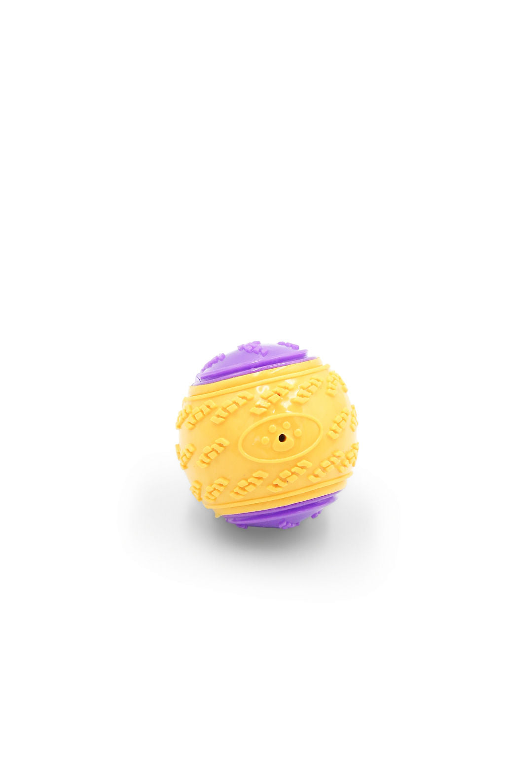 Side angle view of the BudgetPaws Squeaky Ball dog toy in vibrant assorted colors.