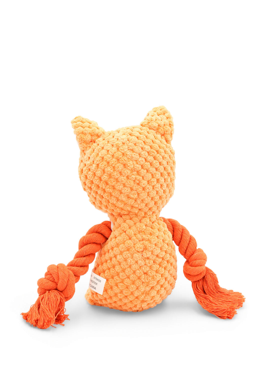 Close-up view of the plush fox texture and woven rope arms on the BudgetPaws Copper dog toy.