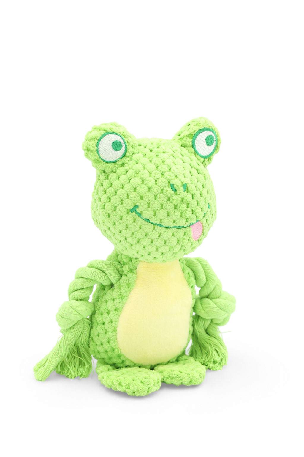 BudgetPaws Mossy squeaky plush rope dog toy in bright green frog plush with durable rope arms, photographed on a white background.