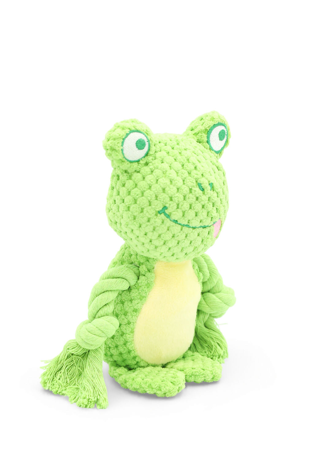 Side angle view of the BudgetPaws Mossy squeaky plush frog rope dog toy.