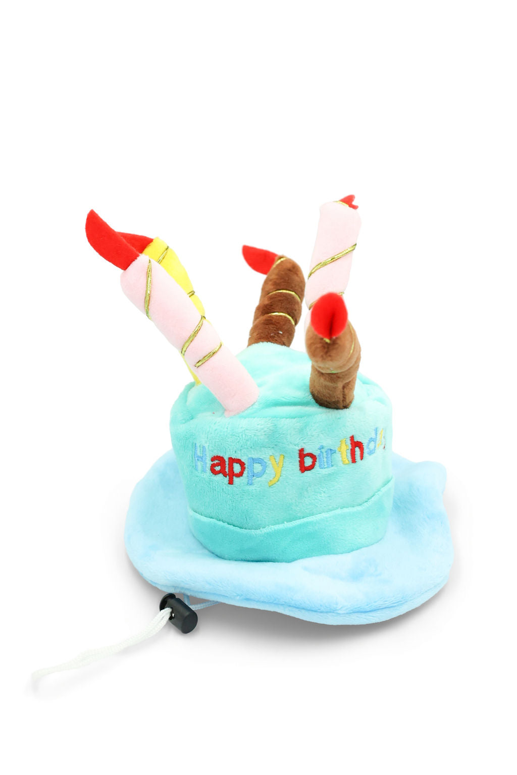 BudgetPaws Sky Breeze birthday cake plush dog toy in soft blue with plush candles and adjustable chin strap, on a white background.