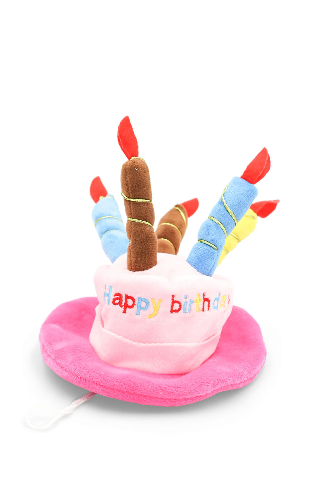 Side angle of the BudgetPaws Wild Hibiscus pink birthday cake plush dog toy and wearable pet hat.