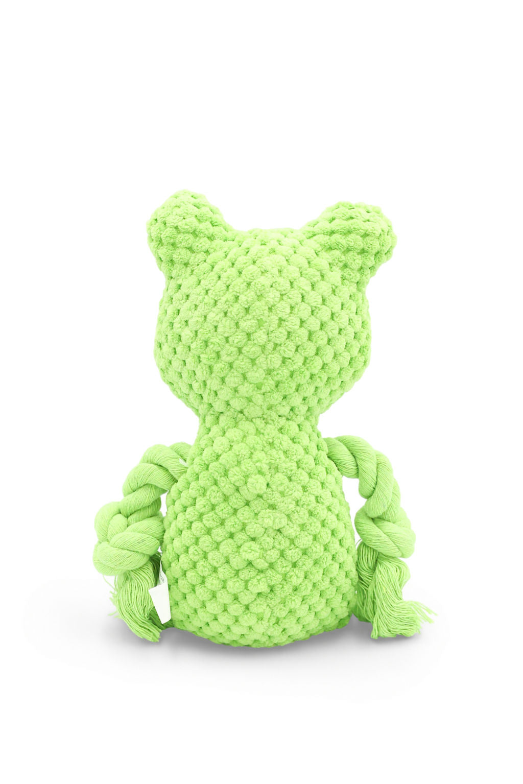 Close-up view of the plush frog texture and woven rope arms on the BudgetPaws Mossy dog toy.