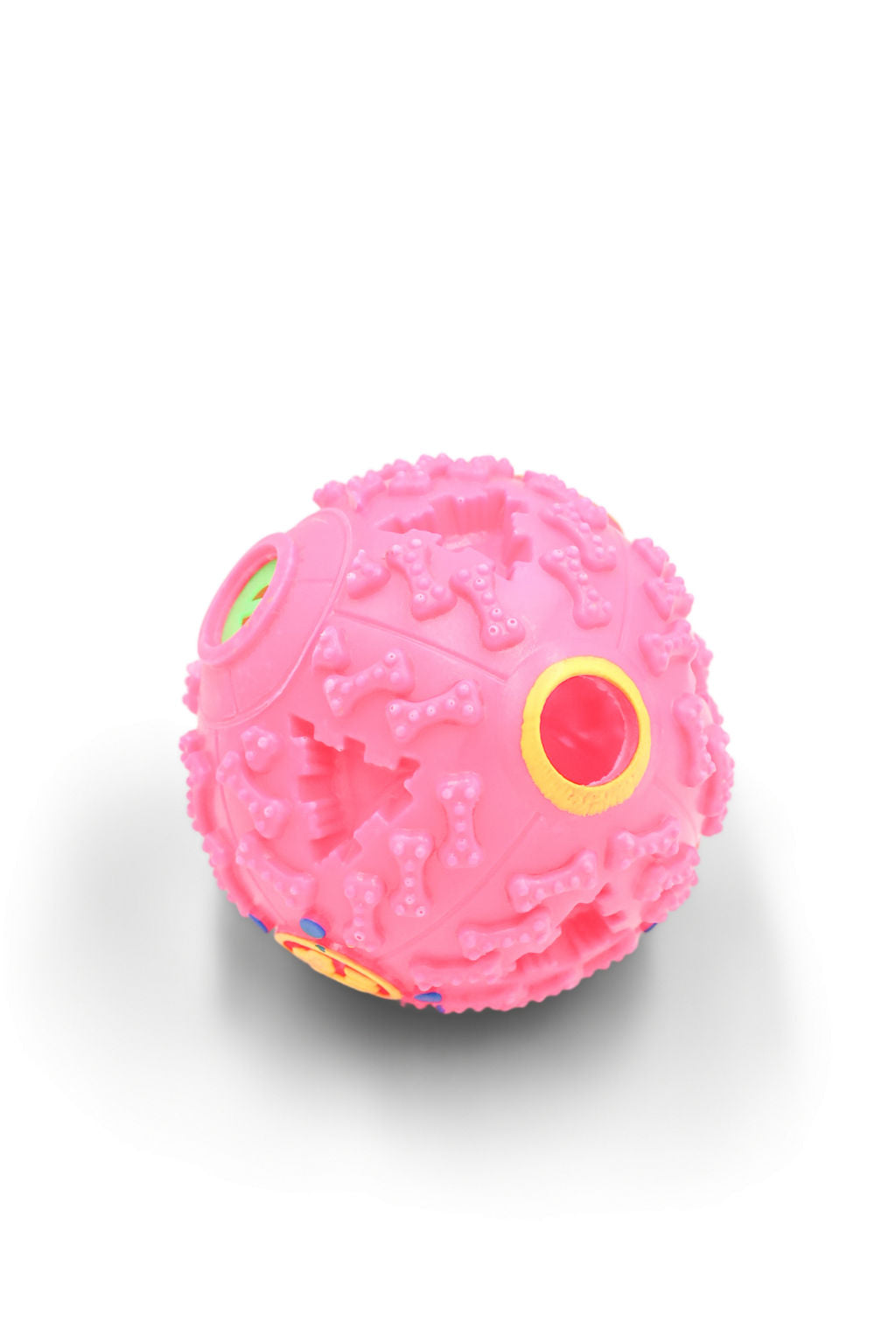 Close up of treat dispensing opening on Soft Petal Small dog puzzle ball.